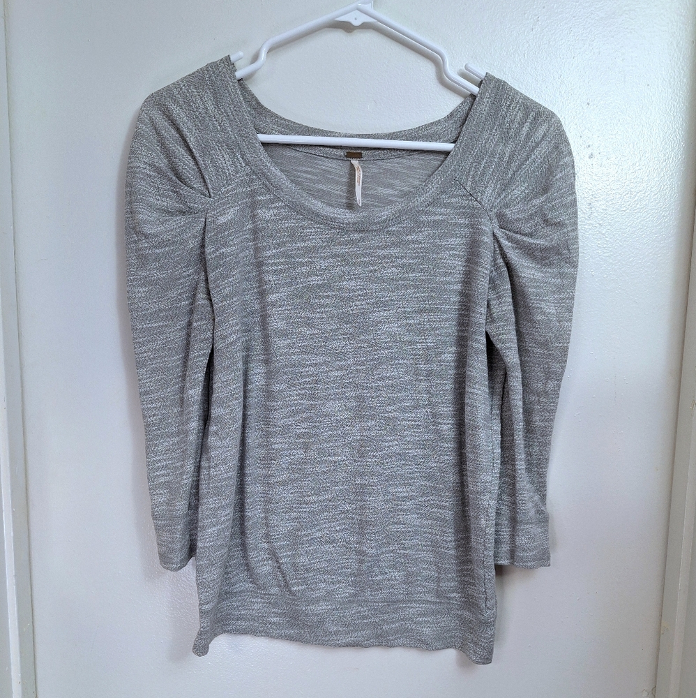 Free People Womens Heather Gray 3/4 Puff Sleeve Scoop Neck Knit Sweater Blouse - Picture 9 of 13